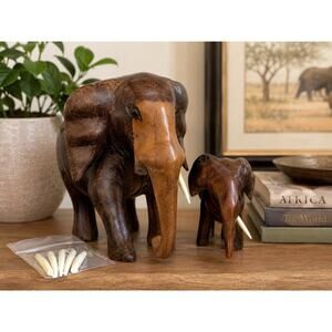 Vintage Hand Carved Wood Elephant Set Heavy Mother Baby Missing Tusk